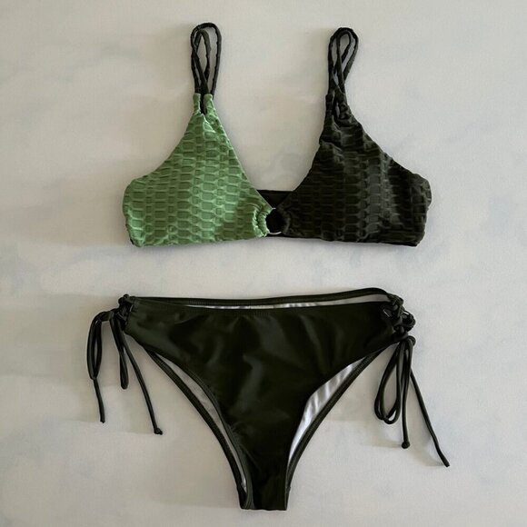 Zaful Other - Zaful Green Retro Two Toned Tie Bikini NWOT Size L